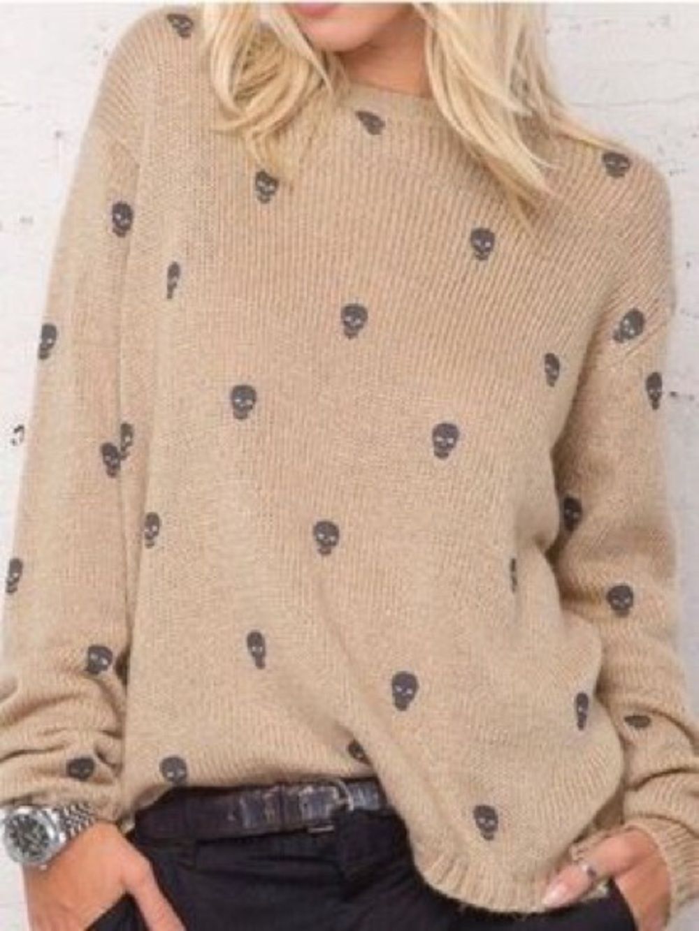Wooden Ships Tan Punk Skull Print Crewneck Wool Knit Pullover Sweater Size Large